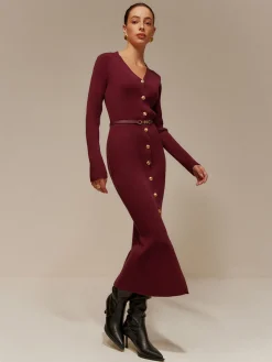 COMMENSE V-Neck Breasted Belted Sweater Long Dress* Sweater Dresses|Cocktail & Party Dresses