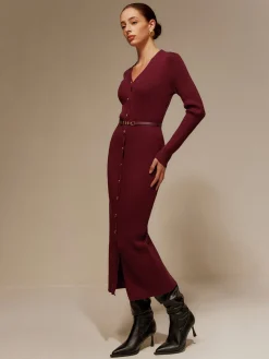 COMMENSE V-Neck Breasted Belted Sweater Long Dress* Sweater Dresses|Cocktail & Party Dresses