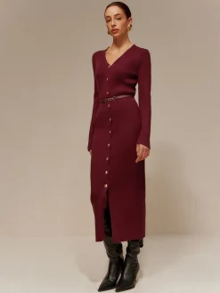 COMMENSE V-Neck Breasted Belted Sweater Long Dress* Sweater Dresses|Cocktail & Party Dresses