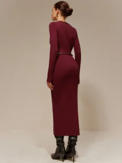 COMMENSE V-Neck Breasted Belted Sweater Long Dress* Sweater Dresses|Cocktail & Party Dresses