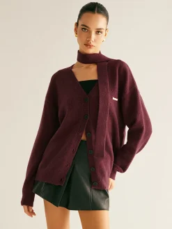 COMMENSE V-Neck Button Knit Outerwear With Scarf* Sweater Tops|Outerwear