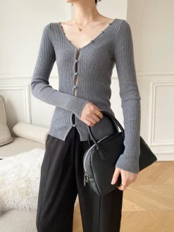 COMMENSE V-Neck Button Slim Knit Top* Sweater Tops|Sweaters & Cardigans