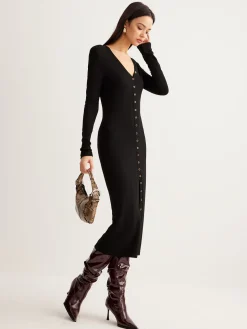 COMMENSE V-Neck Button Slim Long Dress* Black Dresses|Casual Dresses