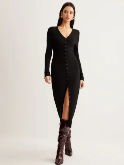 COMMENSE V-Neck Button Slim Long Dress* Black Dresses|Casual Dresses