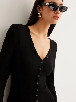 COMMENSE V-Neck Button Slim Long Dress* Black Dresses|Casual Dresses