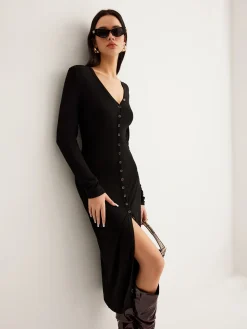COMMENSE V-Neck Button Slim Long Dress* Black Dresses|Casual Dresses