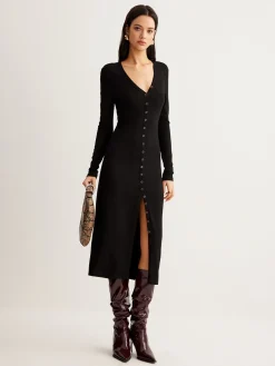COMMENSE V-Neck Button Slim Long Dress* Black Dresses|Casual Dresses
