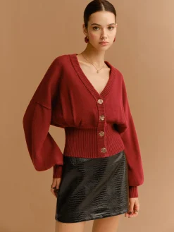 COMMENSE V-Neck Cinched Waist Button Cardigan* Cardigans|Sweaters & Cardigans