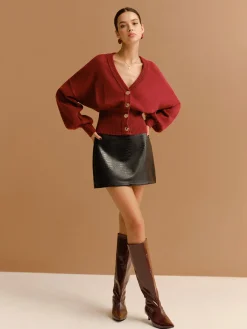 COMMENSE V-Neck Cinched Waist Button Cardigan* Cardigans|Sweaters & Cardigans