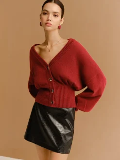 COMMENSE V-Neck Cinched Waist Button Cardigan* Cardigans|Sweaters & Cardigans