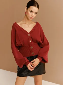 COMMENSE V-Neck Cinched Waist Button Cardigan* Cardigans|Sweaters & Cardigans
