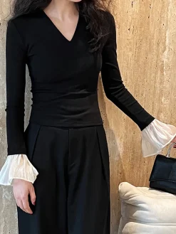 COMMENSE V-Neck Contrast Ruffle-Cuff Blouse* Blouses & Shirts|Tops