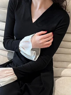 COMMENSE V-Neck Contrast Ruffle-Cuff Blouse* Blouses & Shirts|Tops