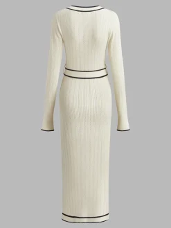 COMMENSE V-Neck Contrast Trim Belted Sweater Dress* White Dresses|Sweater Dresses