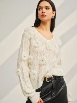 COMMENSE V-Neck 3D Flower Knit Top* Sweater Tops|Sweaters & Cardigans