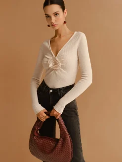 COMMENSE V-Neck 3D Flower Pleated Slim Blouse* Tops
