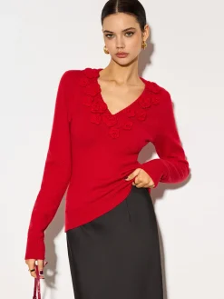 COMMENSE V-Neck 3D Flower Skinny Knit Top* Knitwear|Tops