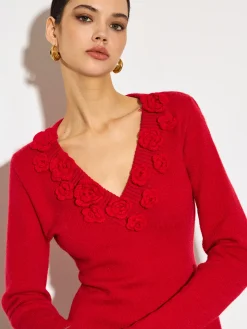 COMMENSE V-Neck 3D Flower Skinny Knit Top* Knitwear|Tops