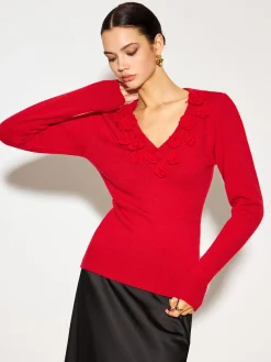 COMMENSE V-Neck 3D Flower Skinny Knit Top* Knitwear|Tops