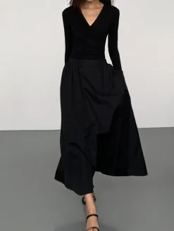 COMMENSE V-Neck Double Pockets Long Sleeve Long Dress* Black Dresses|Casual Dresses