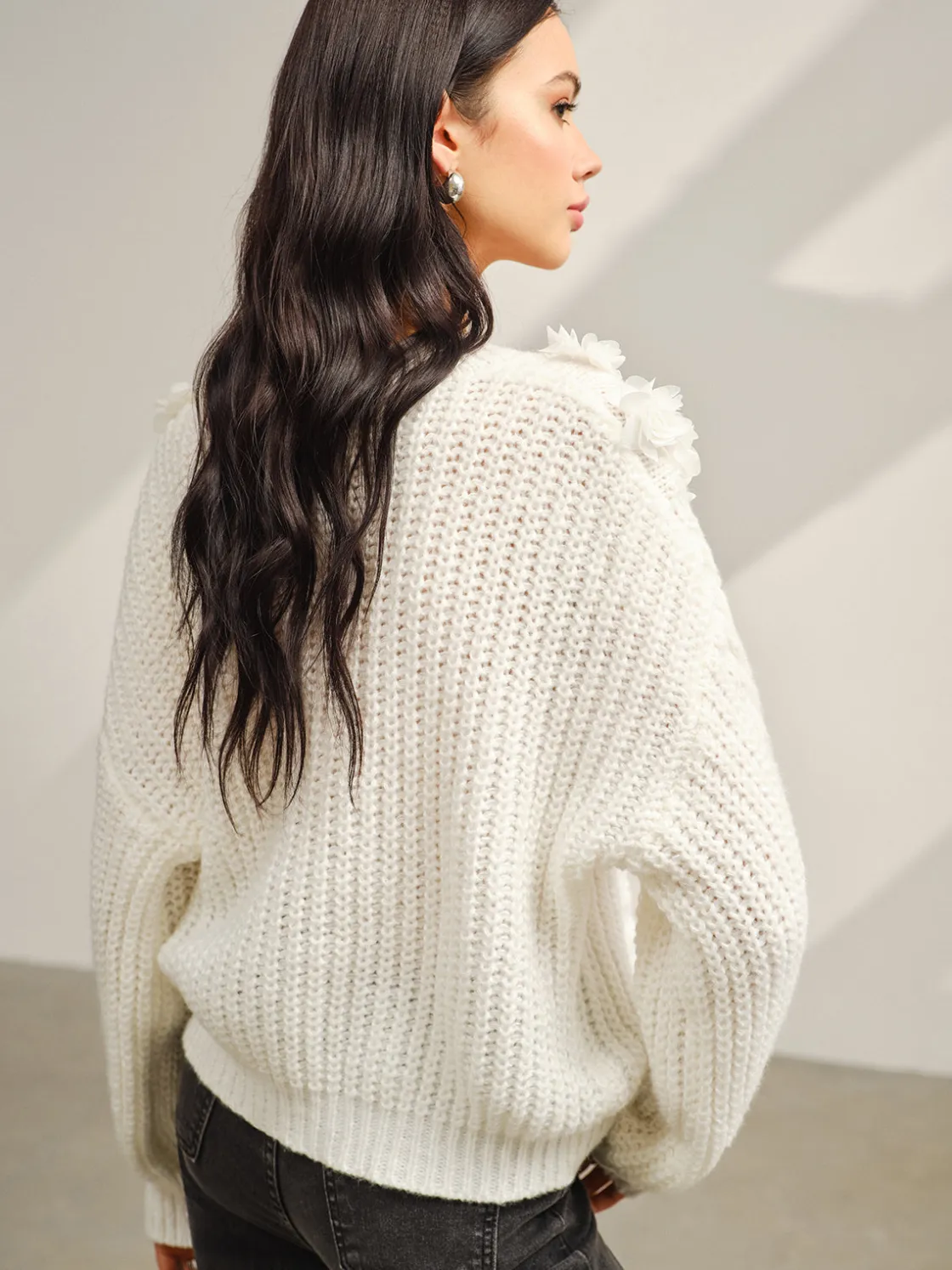 COMMENSE V-Neck Floral-Decor Shift Sweater* Sweater Tops|Sweaters & Cardigans