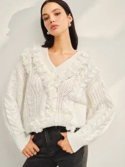 COMMENSE V-Neck Floral-Decor Shift Sweater* Sweater Tops|Sweaters & Cardigans