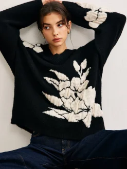 COMMENSE V-Neck Knit-Floral Shift Sweater* Sweater Tops|Sweaters & Cardigans