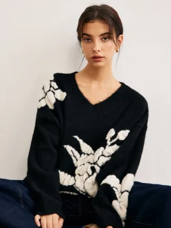 COMMENSE V-Neck Knit-Floral Shift Sweater* Sweater Tops|Sweaters & Cardigans