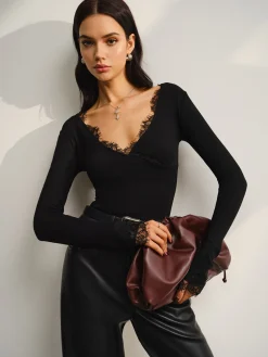 COMMENSE V-Neck Lace Trim Skinny Jersey Top* Blouses & Shirts|Tops