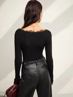 COMMENSE V-Neck Lace Trim Skinny Jersey Top* Blouses & Shirts|Tops