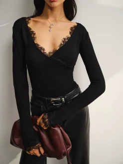 COMMENSE V-Neck Lace Trim Skinny Jersey Top* Blouses & Shirts|Tops
