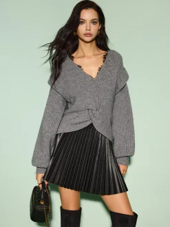 COMMENSE V-Neck Lantern Sleeve Knotted Sweater* Knitwear|Tops