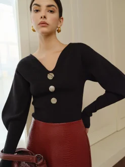 COMMENSE V-Neck Leg-Of Mutton Sleeve Sweater* Sweater Tops|Sweaters & Cardigans