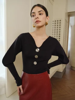 COMMENSE V-Neck Leg-Of Mutton Sleeve Sweater* Sweater Tops|Sweaters & Cardigans