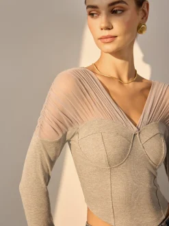 COMMENSE V-Neck Mesh-Shoulder Crop T-Shirt* Crop Tops|T-shirts