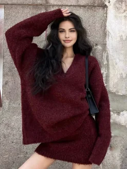 COMMENSE V-Neck Minky Sweater Skirt Set* Sweater Tops|Skirts