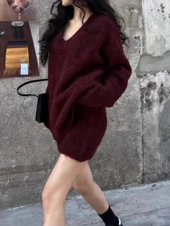 COMMENSE V-Neck Minky Sweater Skirt Set* Sweater Tops|Skirts
