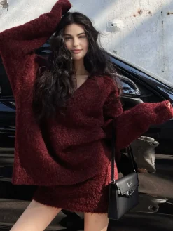 COMMENSE V-Neck Minky Sweater Skirt Set* Sweater Tops|Skirts