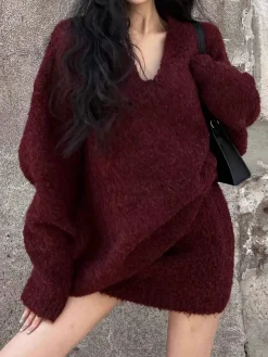 COMMENSE V-Neck Minky Sweater Skirt Set* Sweater Tops|Skirts