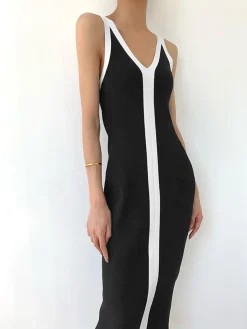 COMMENSE V-Neck Monochrome Long Dress* Black Dresses|Sweater Dresses