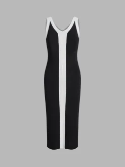 COMMENSE V-Neck Monochrome Long Dress* Black Dresses|Sweater Dresses