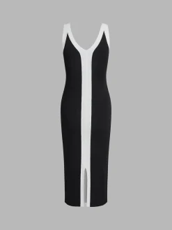 COMMENSE V-Neck Monochrome Long Dress* Black Dresses|Sweater Dresses
