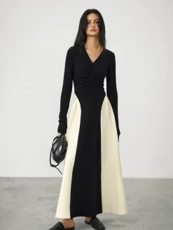 COMMENSE V-Neck Panel Pleated Long Dress* Black Dresses|Cocktail & Party Dresses