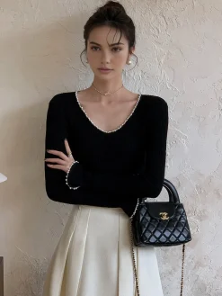 COMMENSE V-Neck Pearl Trim Knit Top* Sweater Tops|Sweaters & Cardigans