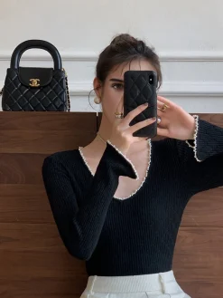 COMMENSE V-Neck Pearl Trim Knit Top* Sweater Tops|Sweaters & Cardigans