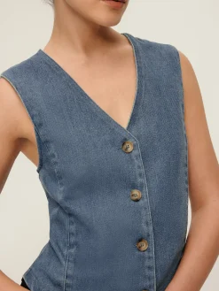 COMMENSE V-Neck Piping Button Denim Vest* Outerwear|Vests