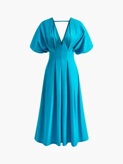 COMMENSE V-Neck Pleated Bell-Sleeve Dress* Casual Dresses|Cocktail & Party Dresses