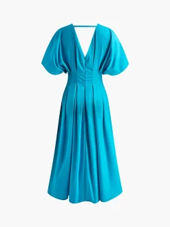 COMMENSE V-Neck Pleated Bell-Sleeve Dress* Casual Dresses|Cocktail & Party Dresses