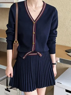 COMMENSE V-Neck Pleated Jersey Skirt Set* Skirt Sets|Long Sleeve Sets