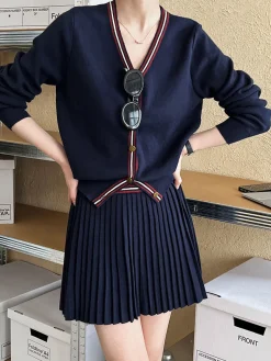 COMMENSE V-Neck Pleated Jersey Skirt Set* Skirt Sets|Long Sleeve Sets